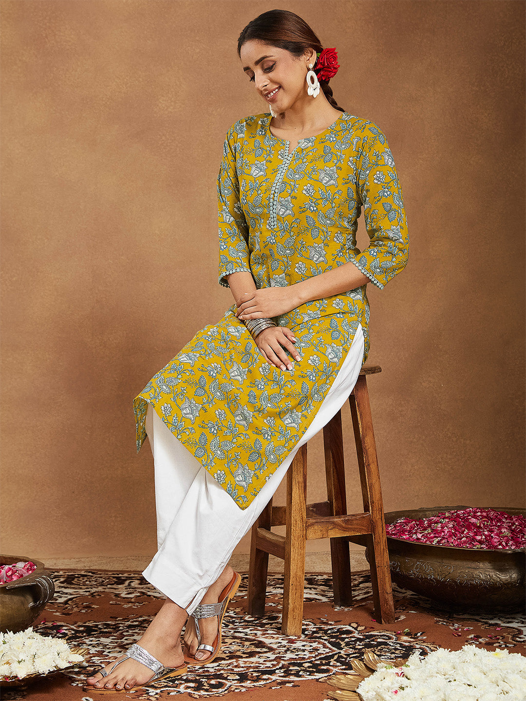 Janasya Women's Mustard Pure Cotton Floral Printed Straight Kurta