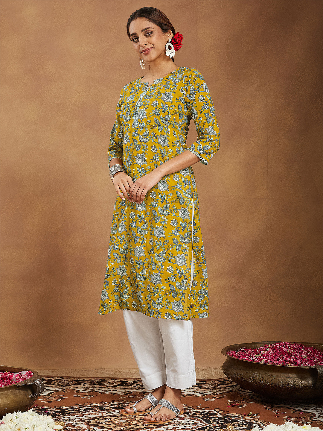 Janasya Women's Mustard Pure Cotton Floral Printed Straight Kurta