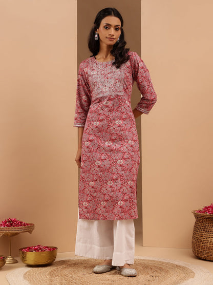 Janasya Women's Pink Pure Cotton Yoke Embroidered Straight Kurta