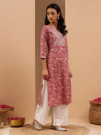 Janasya Women's Pink Pure Cotton Yoke Embroidered Straight Kurta