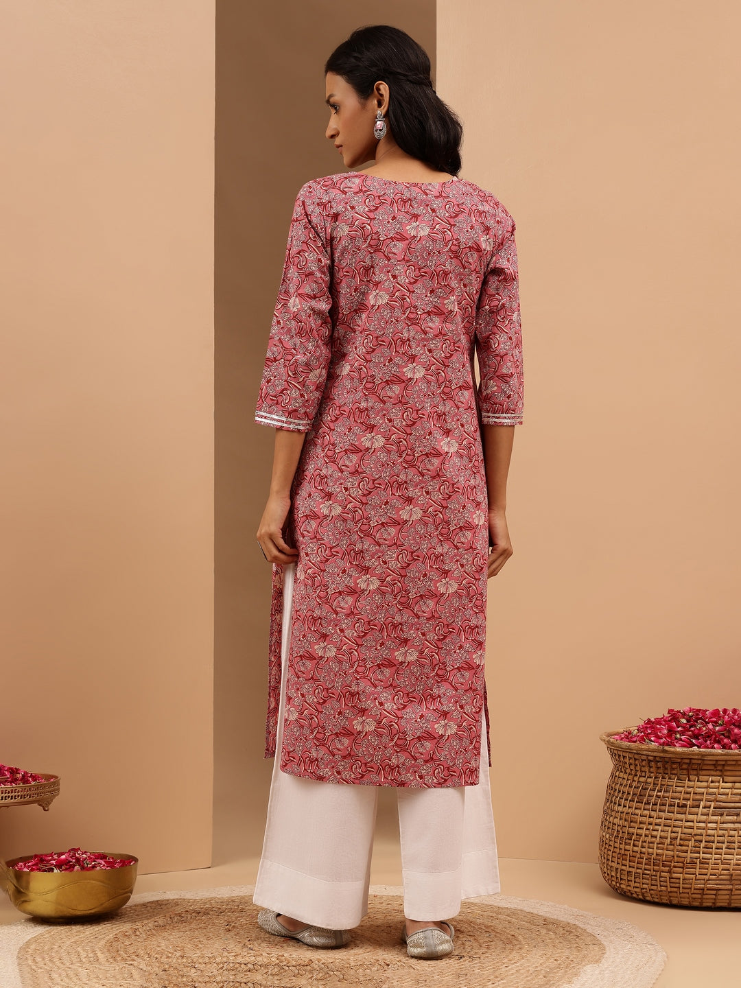 Janasya Women's Pink Pure Cotton Yoke Embroidered Straight Kurta