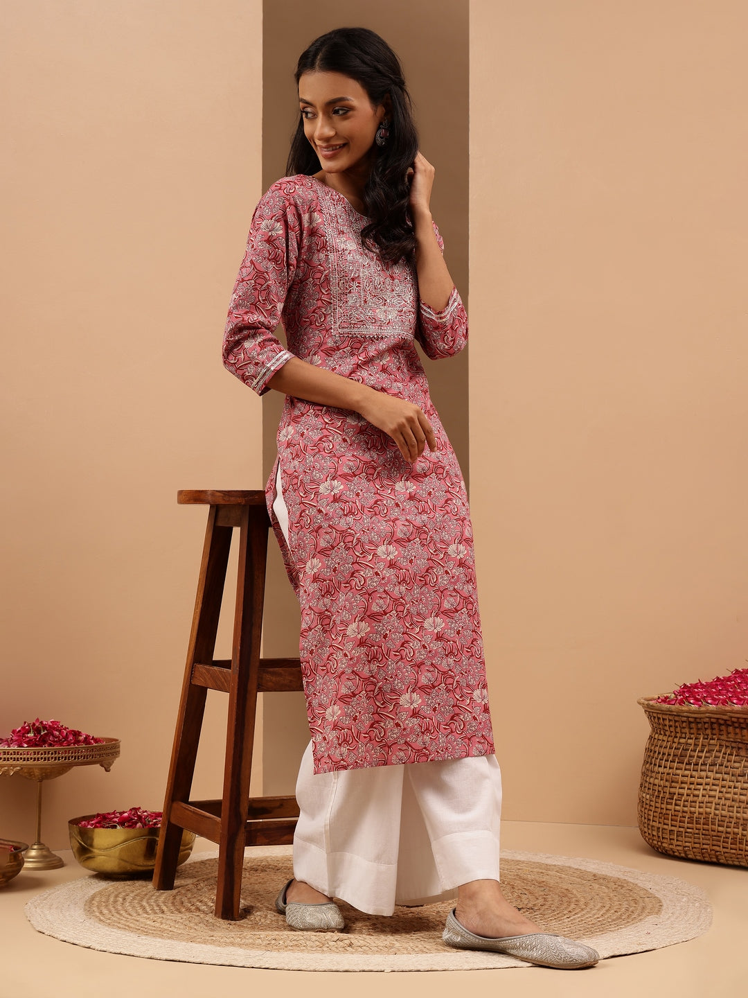 Janasya Women's Pink Pure Cotton Yoke Embroidered Straight Kurta