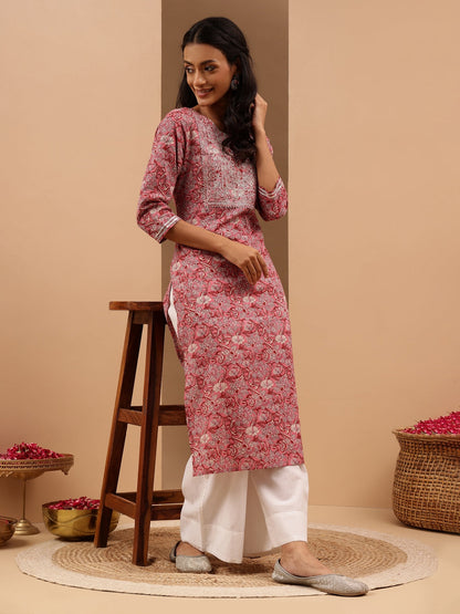 Janasya Women's Pink Pure Cotton Yoke Embroidered Straight Kurta
