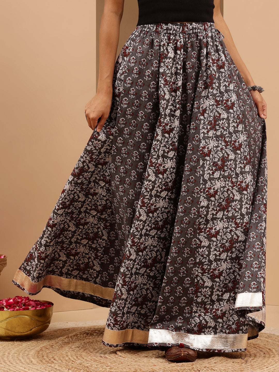 Janasya Women's Grey Pure Cotton Floral Printed Flared Skirts