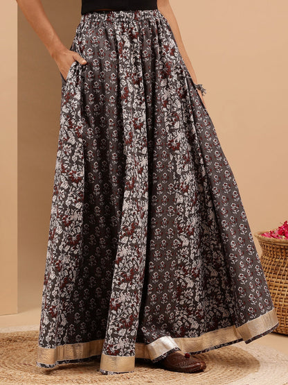 Janasya Women's Grey Pure Cotton Floral Printed Flared Skirts