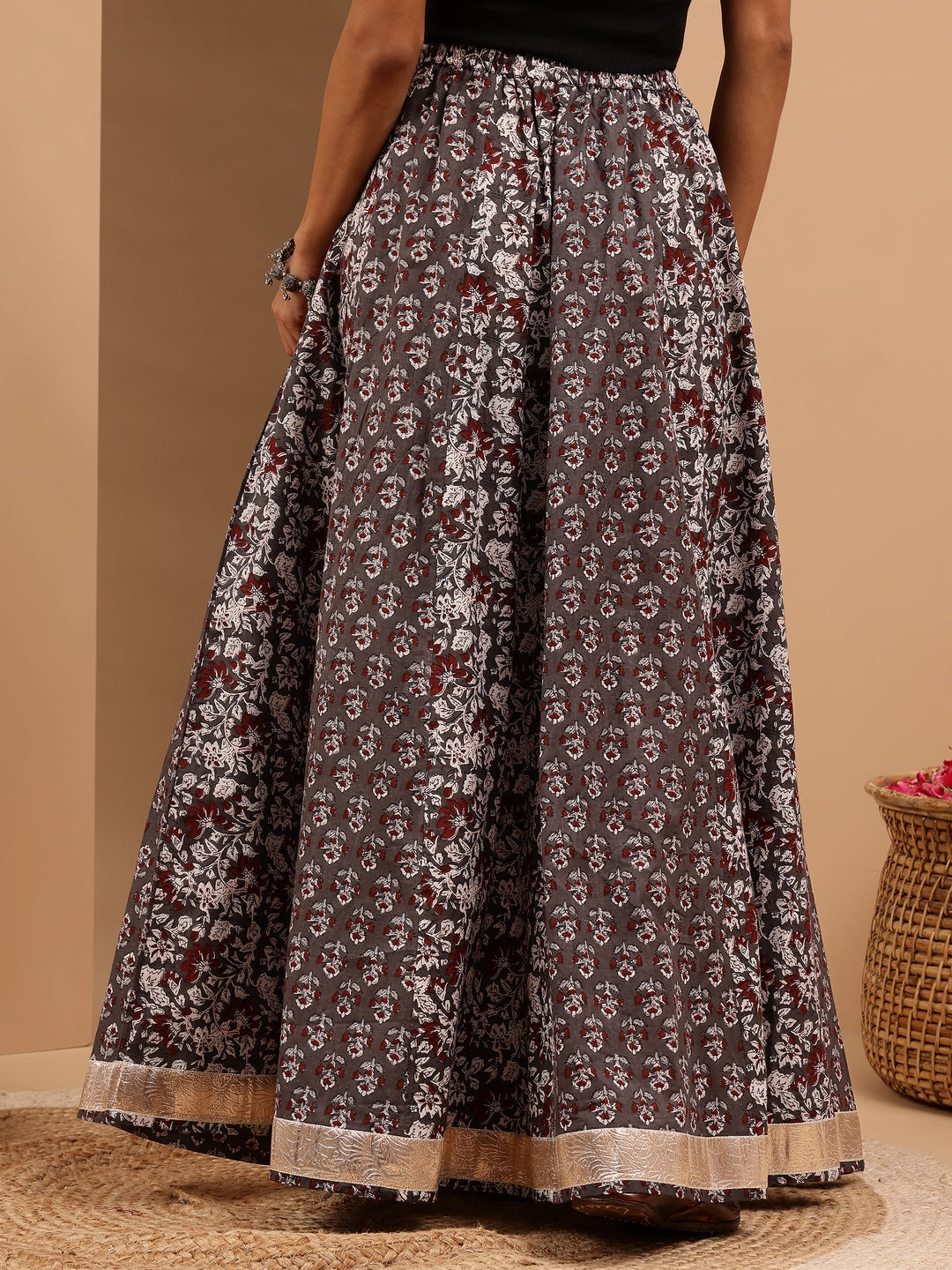 Janasya Women's Grey Pure Cotton Floral Printed Flared Skirts