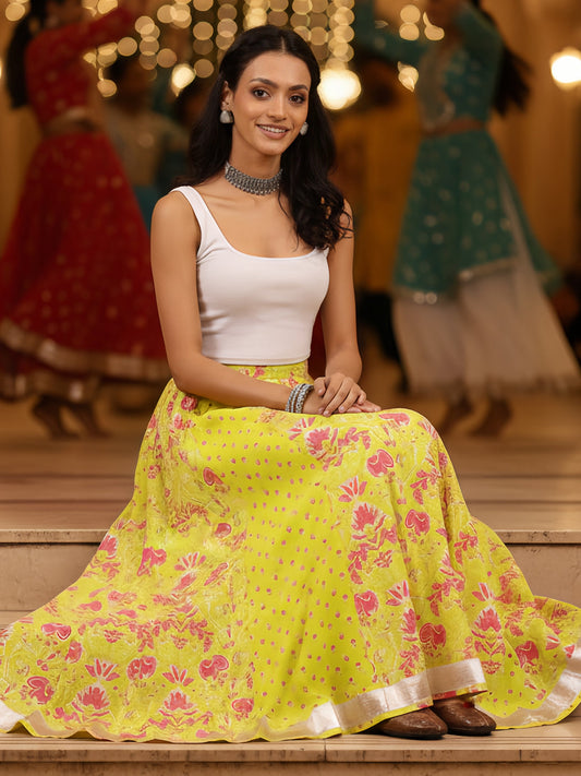Janasya Women's Lime Yellow Pure Cotton Ethnic Printed Flared Skirt