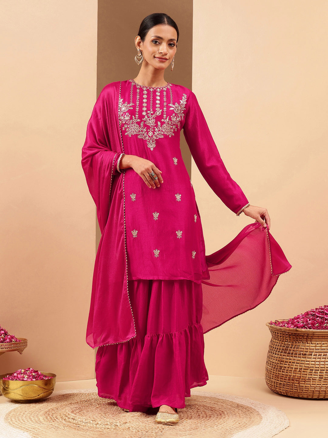 Janasya Women's Pink Silk Blend Zari Embroidered Straight Kurta With Sharara & Dupatta Set