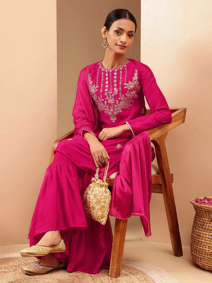 Janasya Women's Pink Silk Blend Zari Embroidered Straight Kurta With Sharara & Dupatta Set