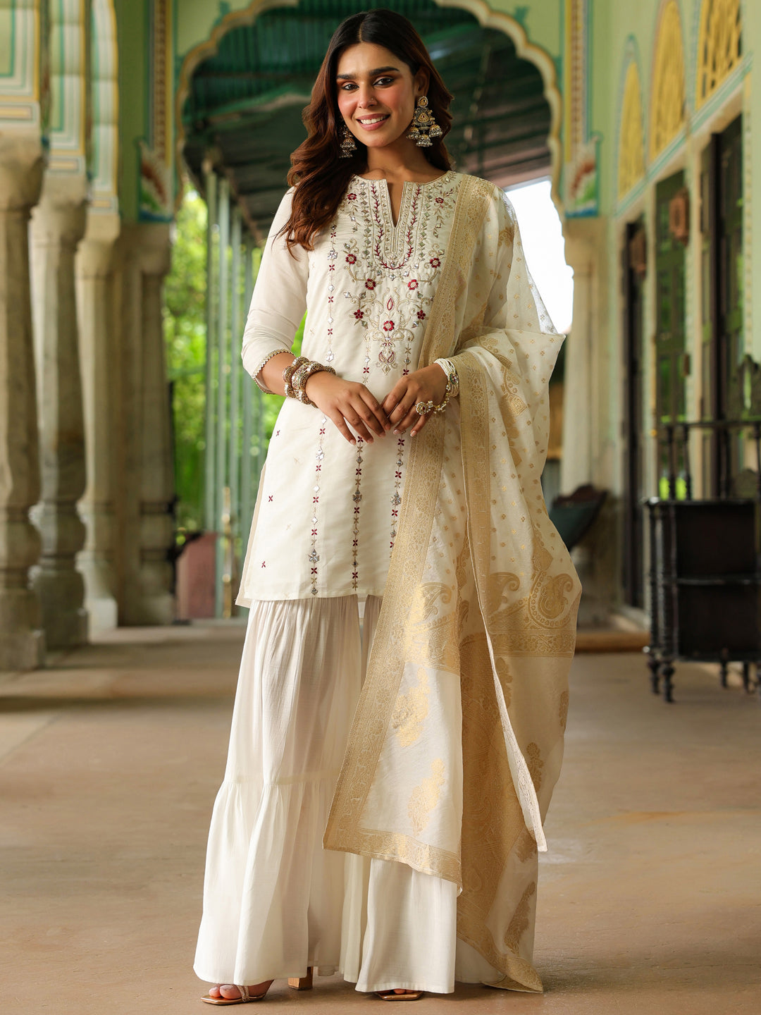 Janasya Women's Off White Chanderi Silk Embroidered Mirror Work Kurta With Sharara & Dupatta Set