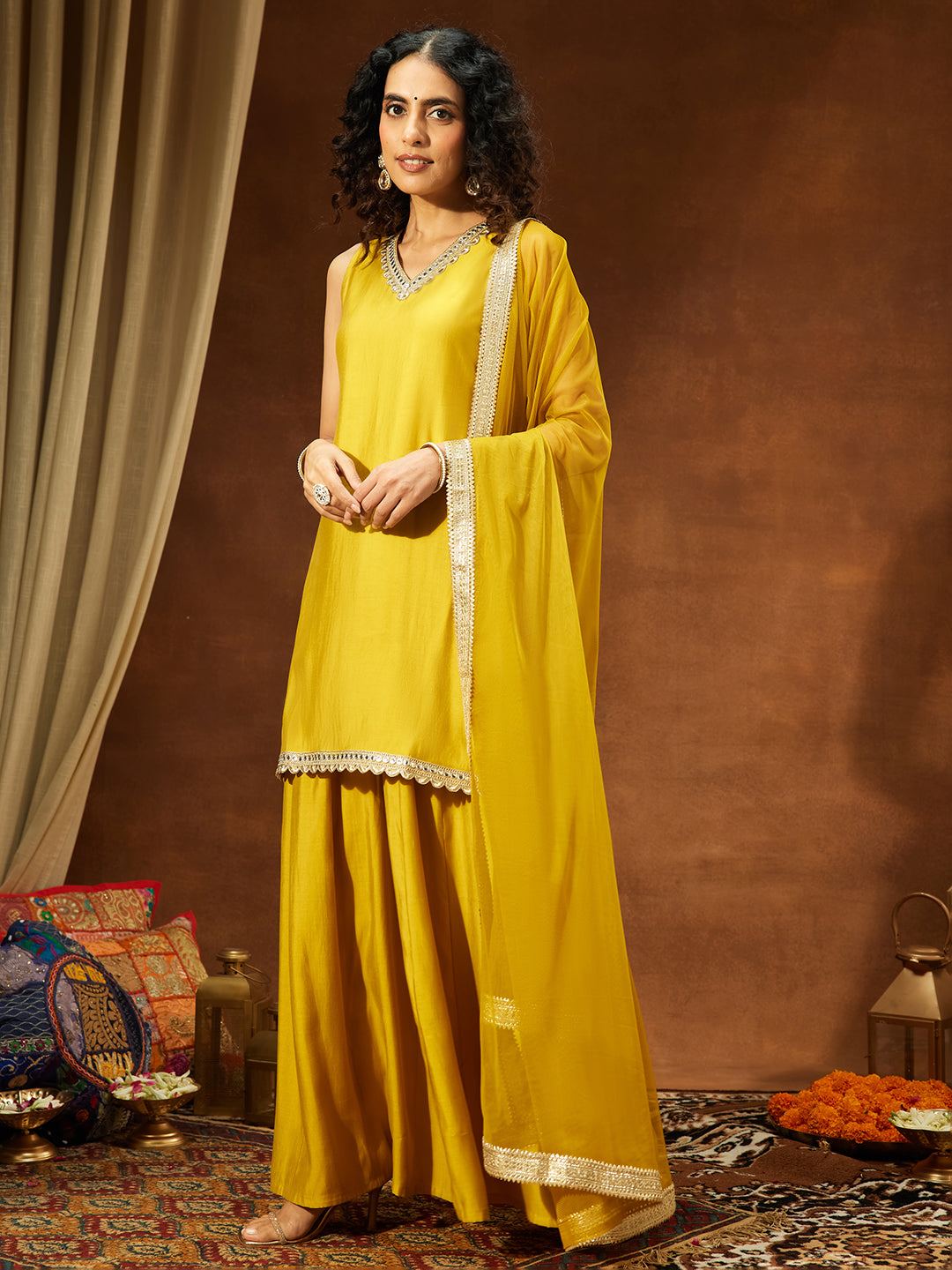 Janasya Women's Yellow Chanderi Silk Embellished Straight Kurta With Sharara & Dupatta Set