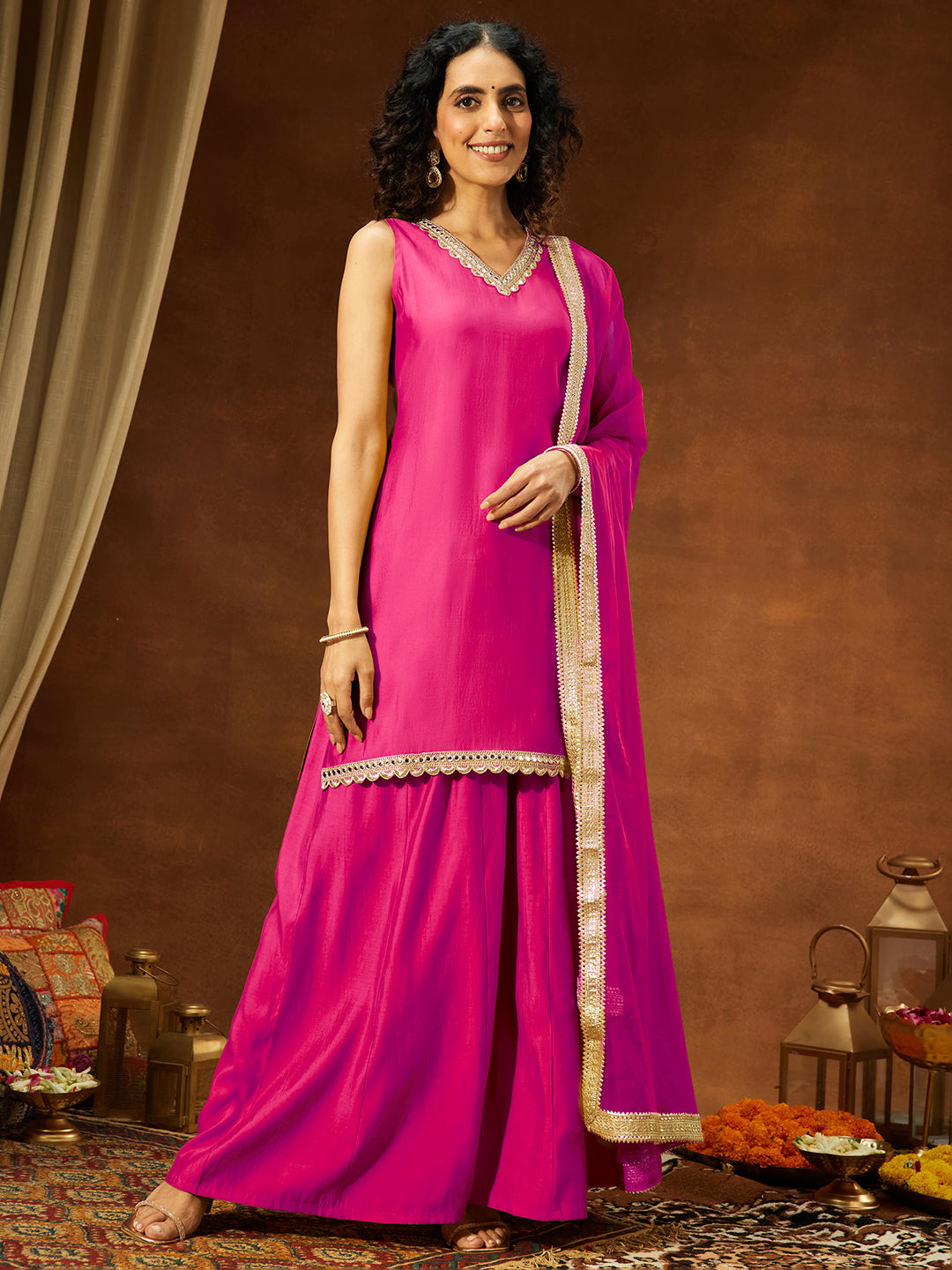 Janasya Women's Pink Chanderi Silk Embellished Straight Kurta With Sharara & Dupatta Set