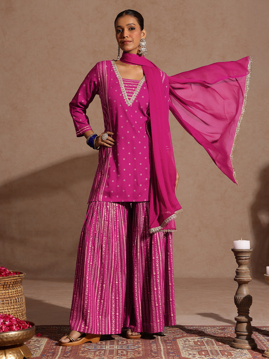 Janasya Women's Pink Rayon Gold Foil Printed Kurti With Sharara & Dupatta Set