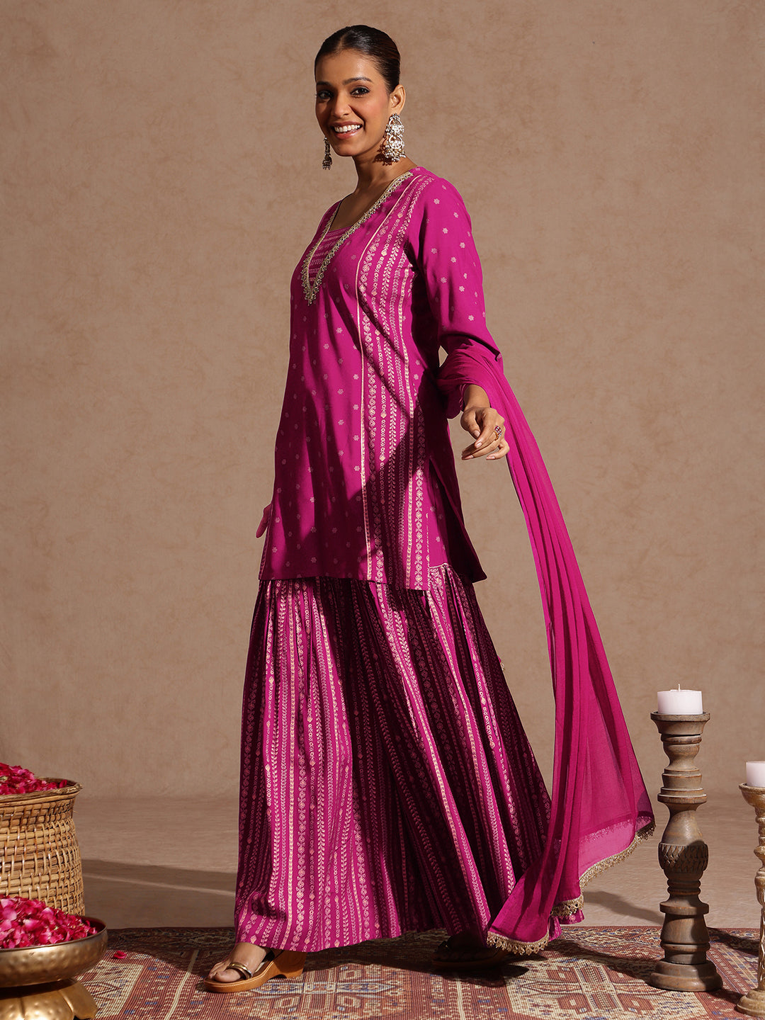 Janasya Women's Pink Rayon Gold Foil Printed Kurti With Sharara & Dupatta Set