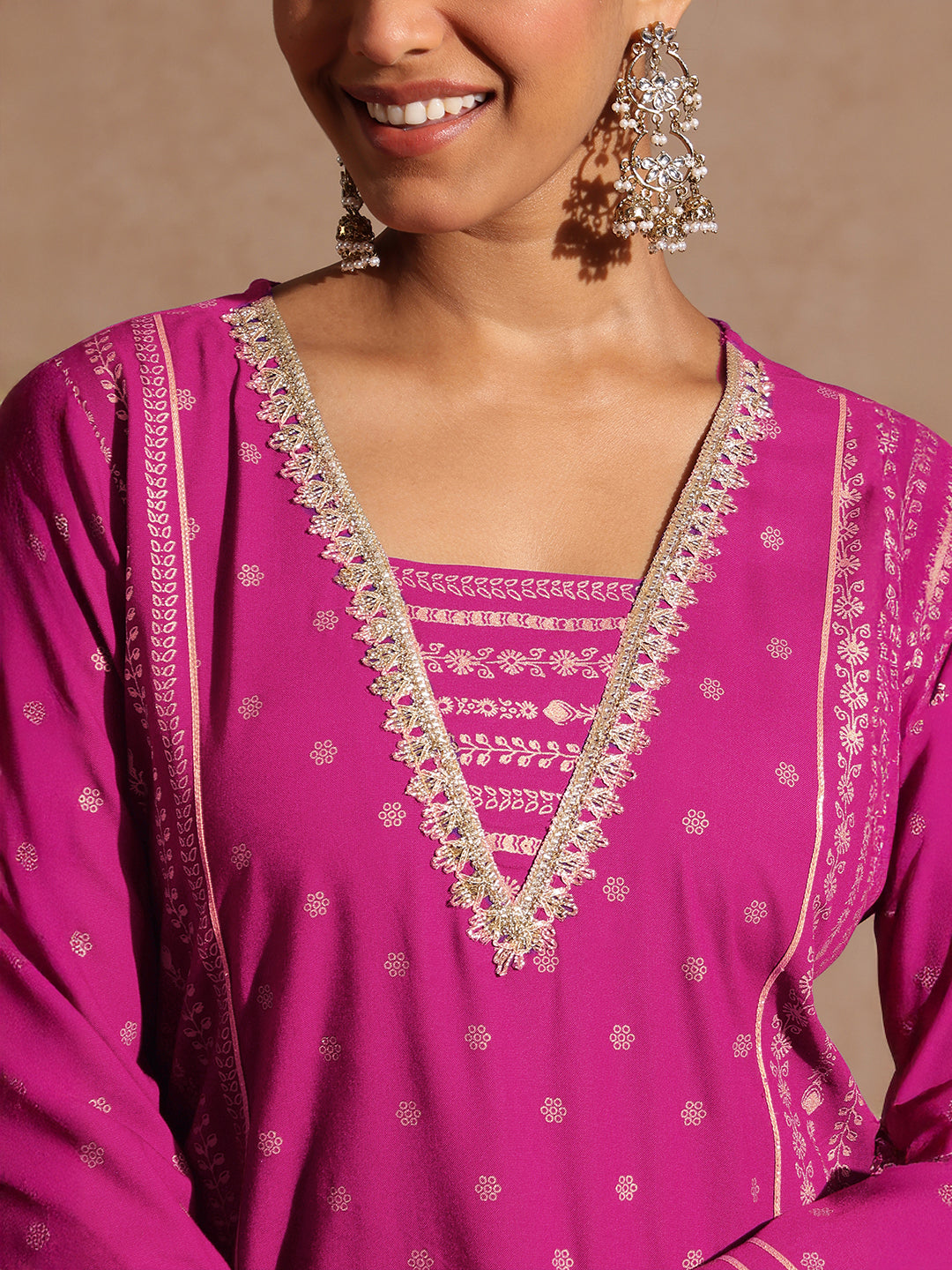 Janasya Women's Pink Rayon Gold Foil Printed Kurti With Sharara & Dupatta Set