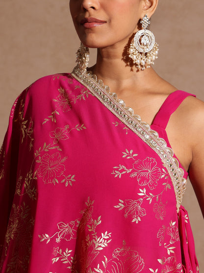 Janasya Women's Pink Embellished Gold Printed Crop Top With Palazzo & Tie-up Cape Set