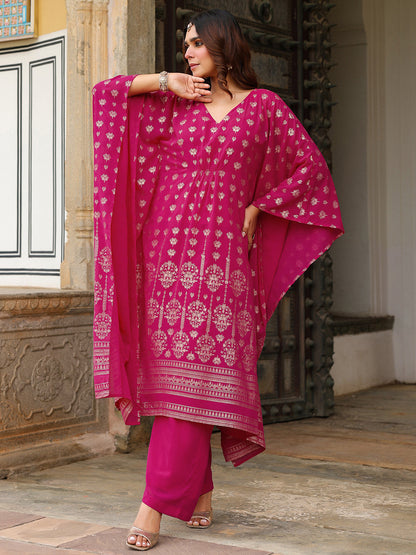 Janasya Women's Pink Georgette Foil Printed Kaftan Kurta With Palazzo Set