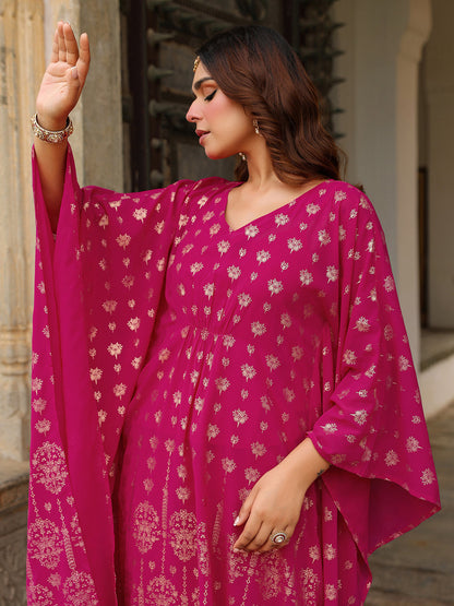 Janasya Women's Pink Georgette Foil Printed Kaftan Kurta With Palazzo Set