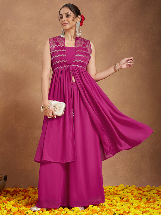 Janasya Women Pink Georgette Sequinned Front-slit Kurta With Crop Top & Palazzo Set