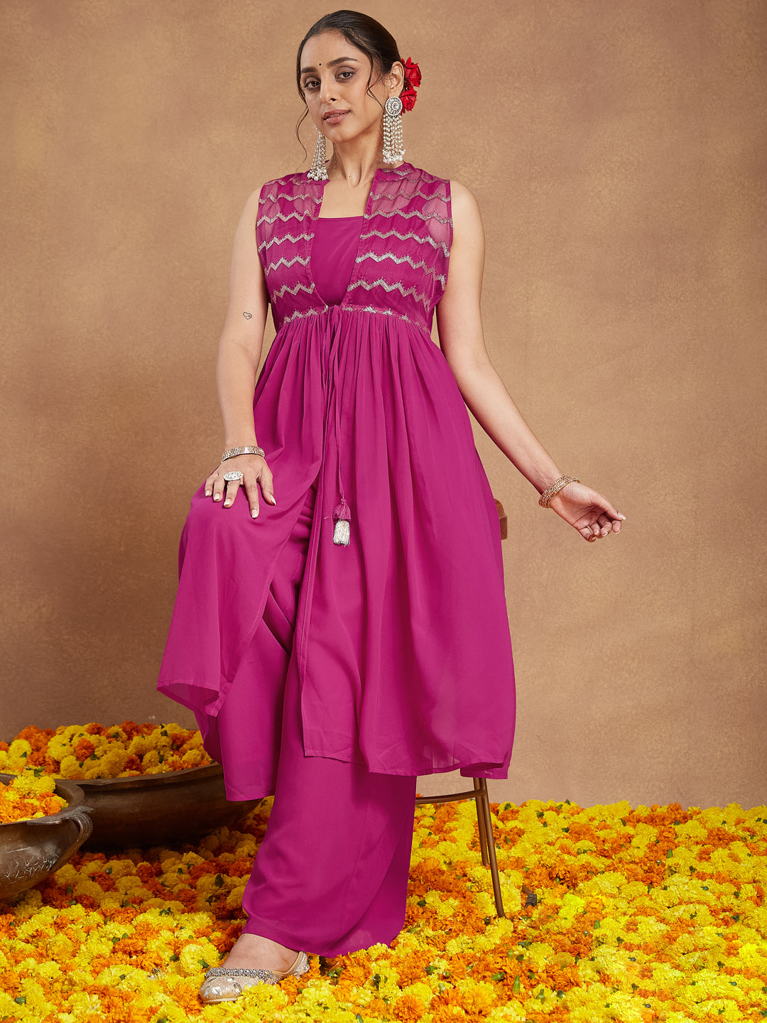 Janasya Women's Pink Georgette Sequined Front Slit Kurta With Crop Top Palazzo Set