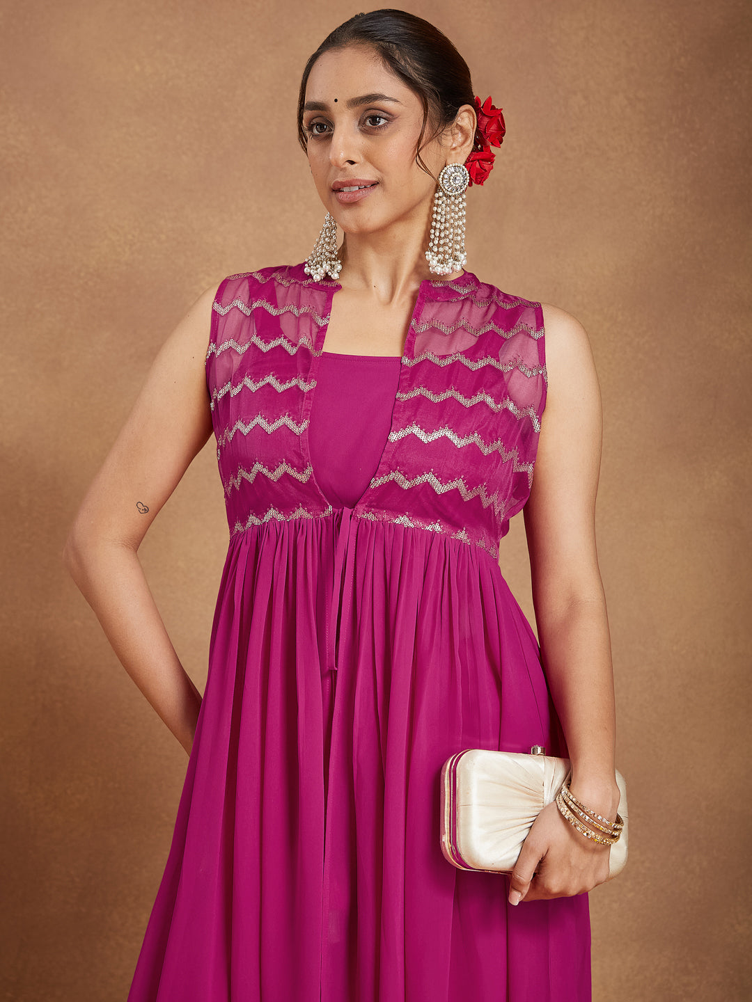 Janasya Women's Pink Georgette Sequined Front Slit Kurta With Crop Top Palazzo Set