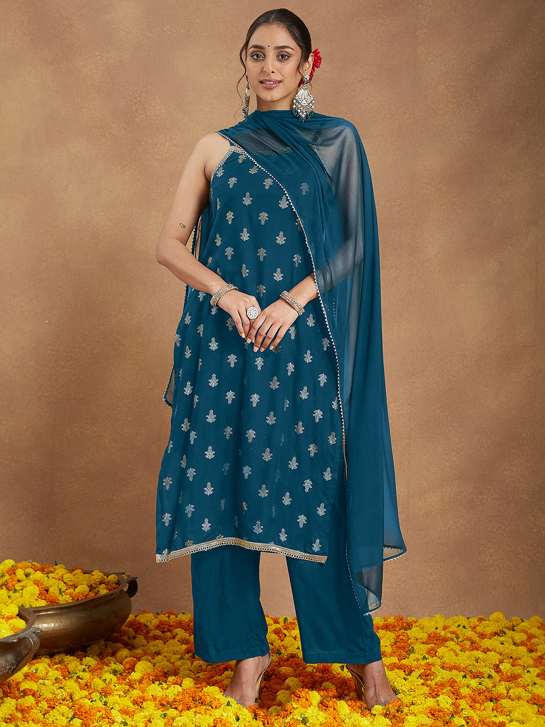 Janasya Women's Teal Blue Rayon Embellished Gold Printed Straight Kurta Set