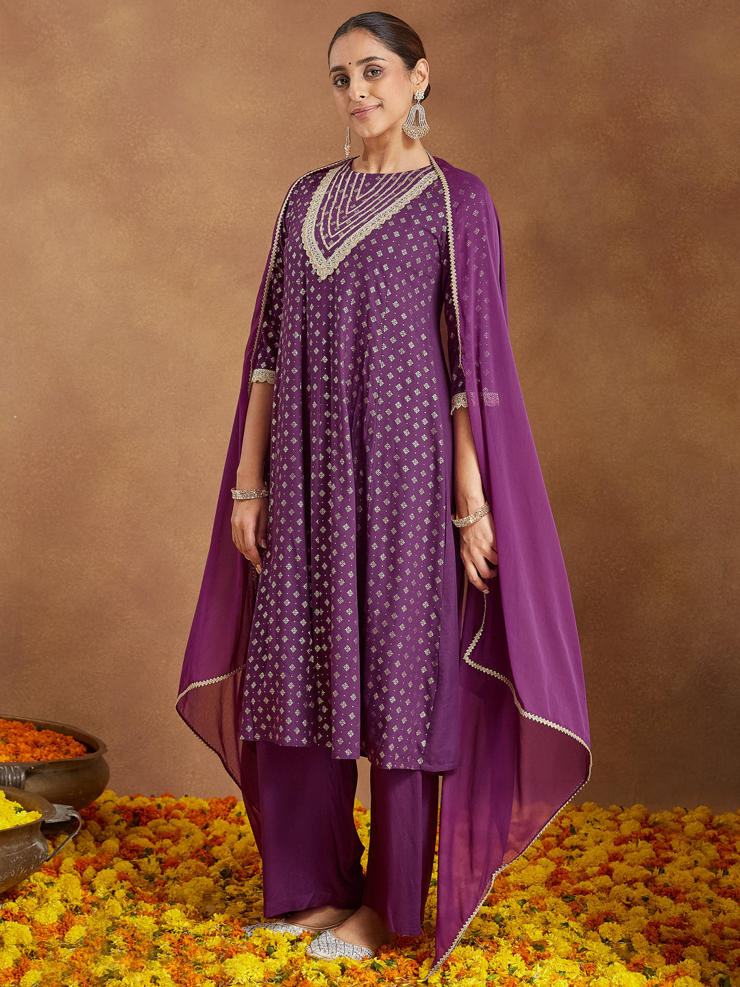 Janasya Women's Purple Rayon Embellished Gold Printed Anarkali Kurta Set