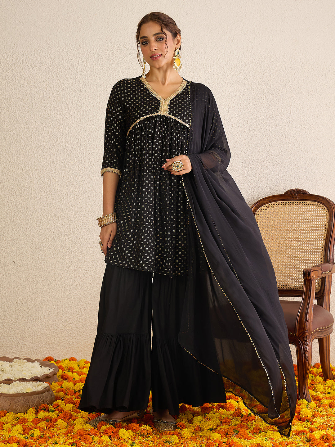 Janasya Women's Black Rayon Foil Printed A-Line Kurta with Sharara and Dupatta Set