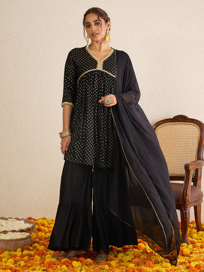 Janasya Women's Black Rayon Foil Printed A-Line Kurta with Sharara and Dupatta Set