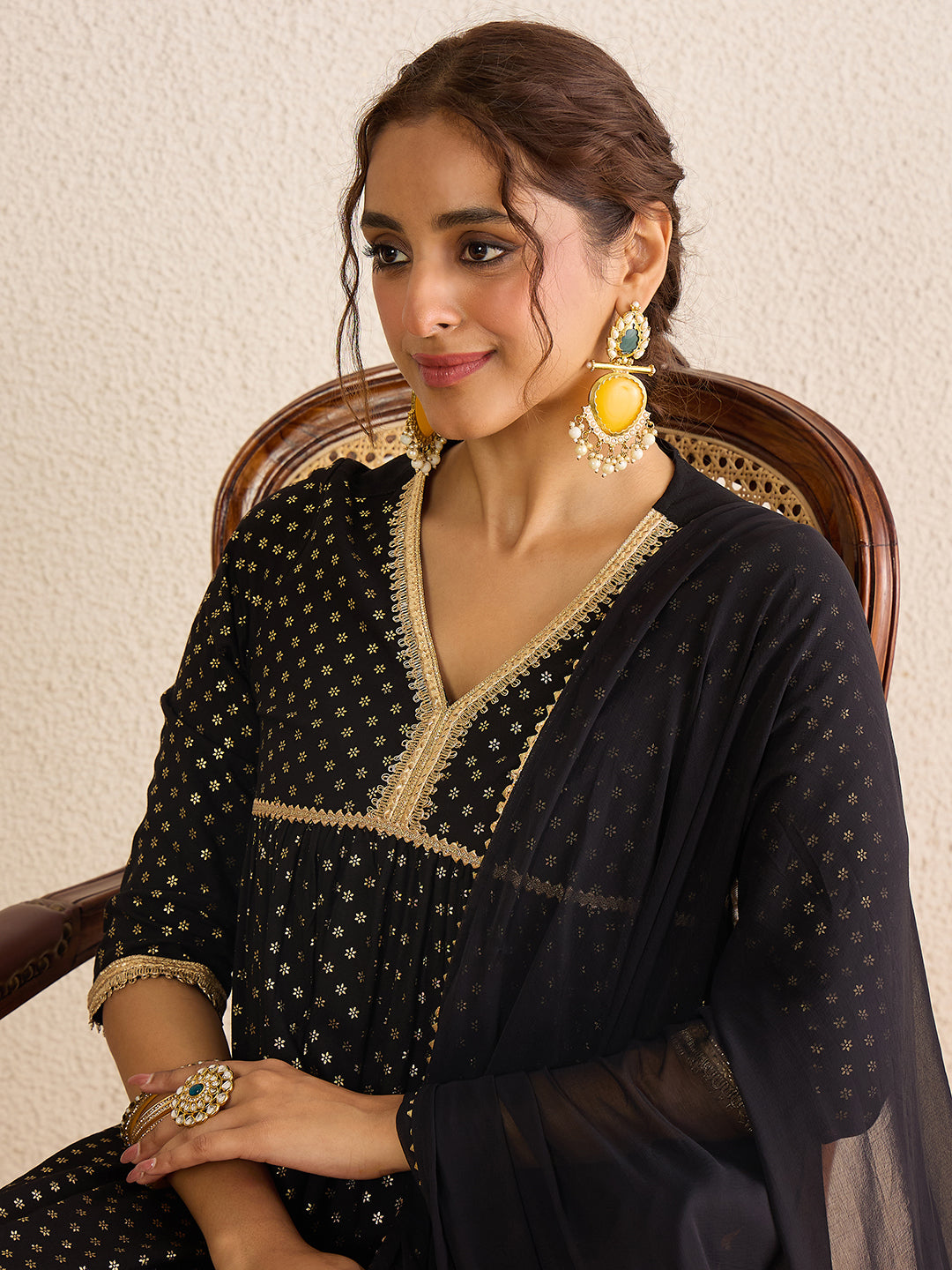 Janasya Women's Black Rayon Foil Printed A-Line Kurta with Sharara and Dupatta Set