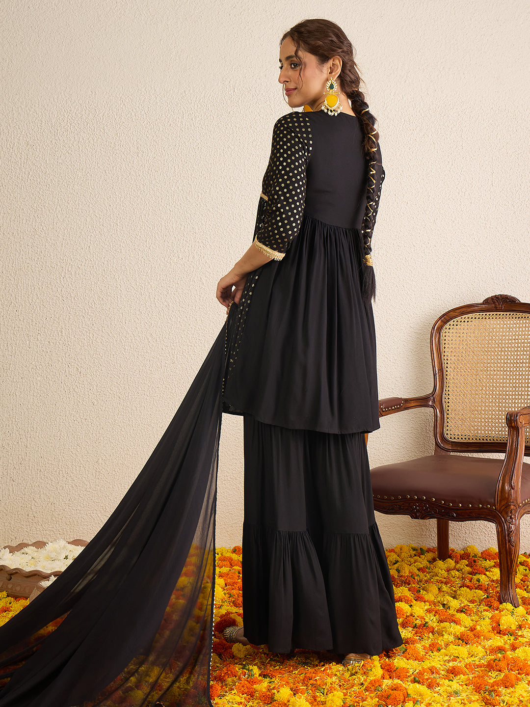 Janasya Women's Black Rayon Foil Printed A-Line Kurta with Sharara and Dupatta Set