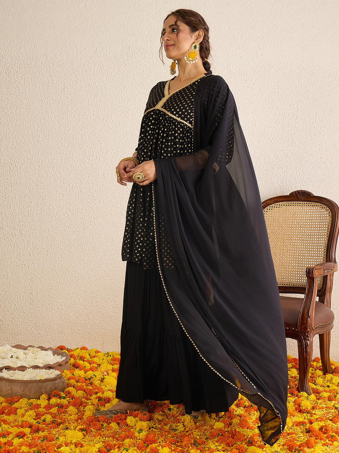 Janasya Women's Black Rayon Foil Printed A-Line Kurta with Sharara and Dupatta Set