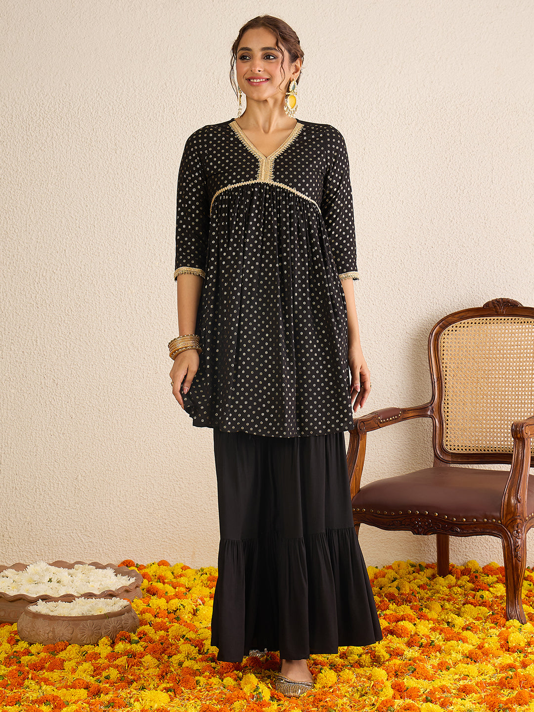 Janasya Women's Black Rayon Foil Printed A-Line Kurta with Sharara and Dupatta Set