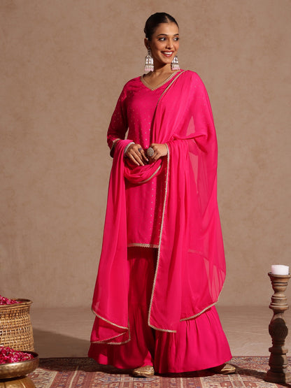 Janasya Women's Pink Rayon Embellished Gold Printed Straight Kurta With Sharara & Dupatta Set