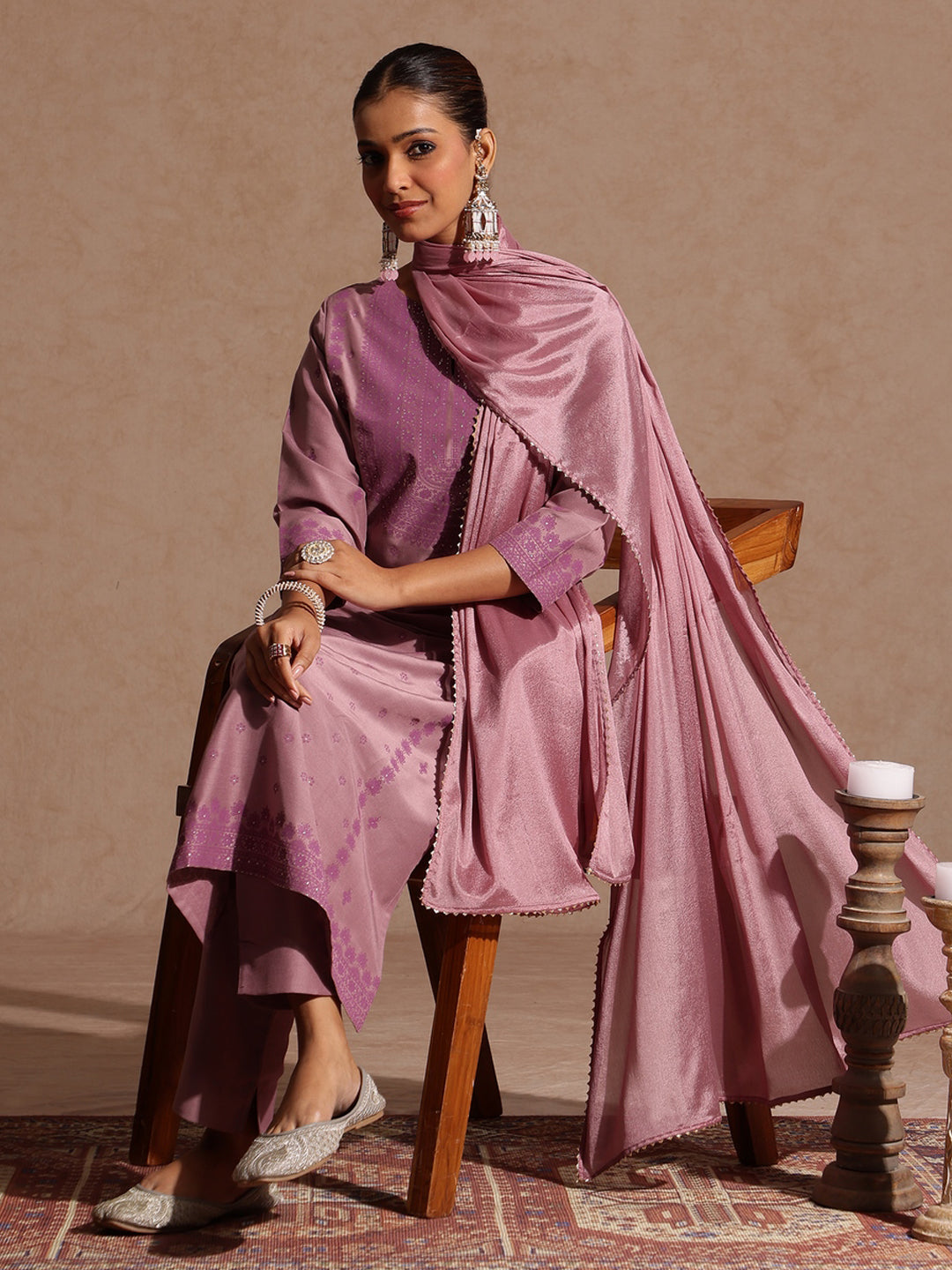 Janasya Women's Purple Silk Blend Embellished Zari Printed Straight Kurta Set