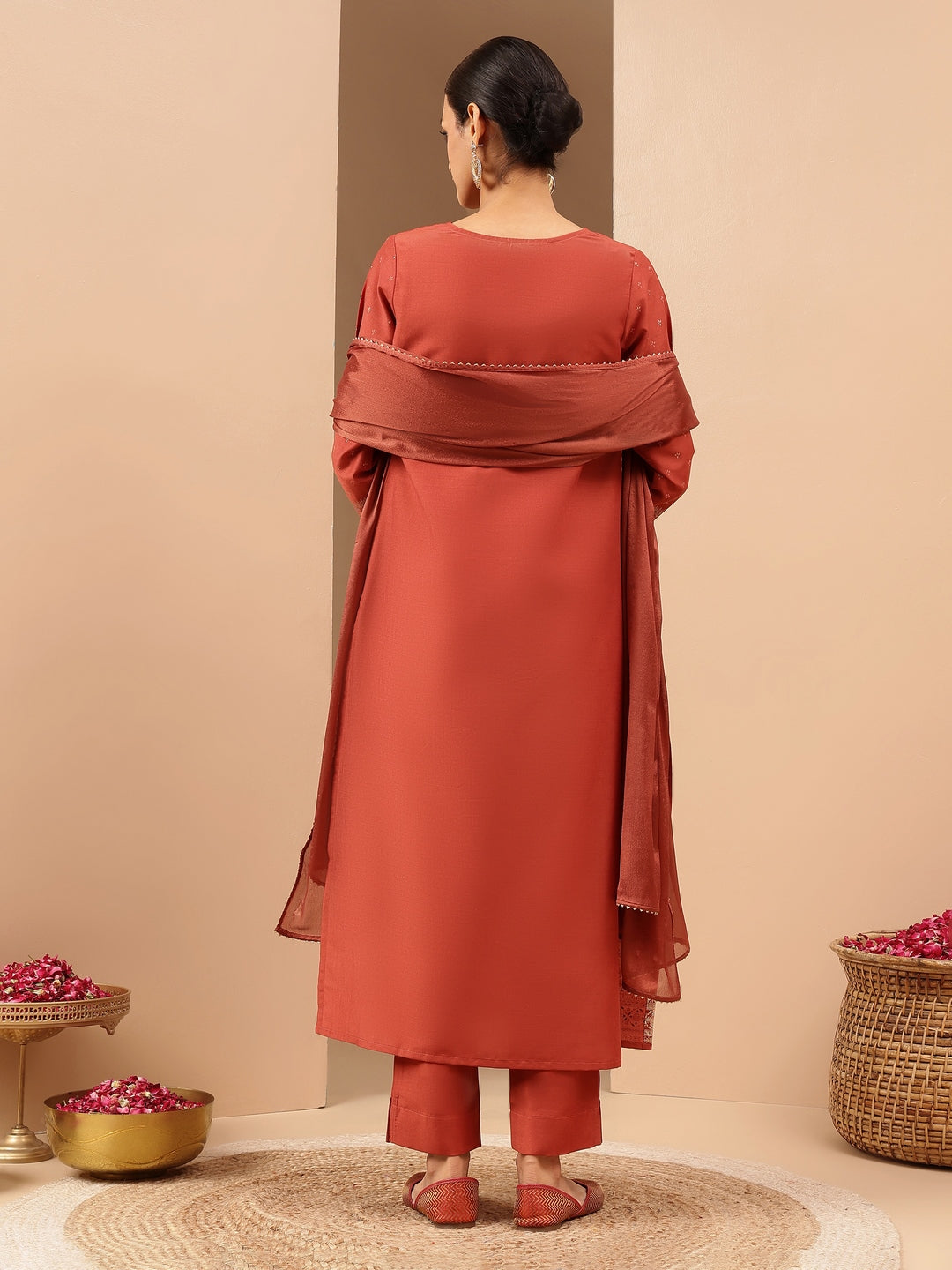 Janasya Women's Rust Silk Blend Ethnic Gold Printed Straight Kurta Set