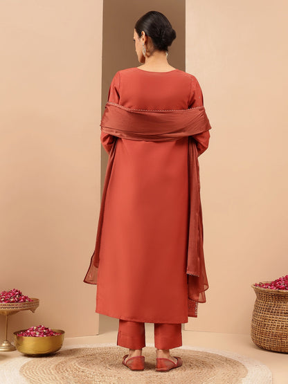 Janasya Women's Rust Silk Blend Ethnic Gold Printed Straight Kurta Set