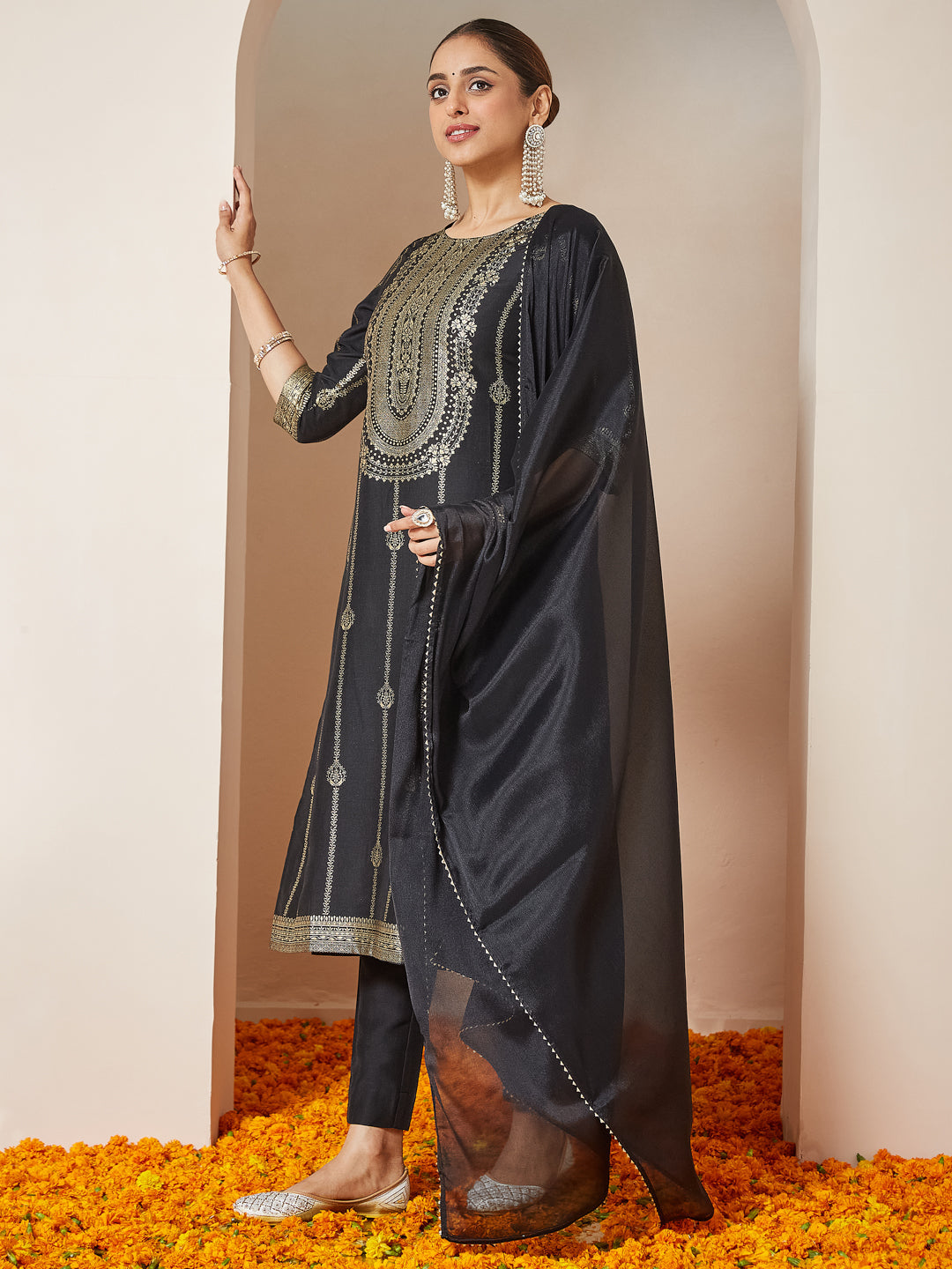 Janasya Women's Black Silk Blend Gold Printed Straight Kurta Set
