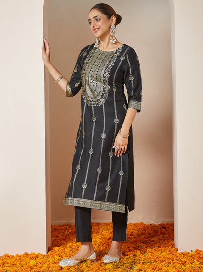 Janasya Women's Black Silk Blend Gold Printed Straight Kurta Set