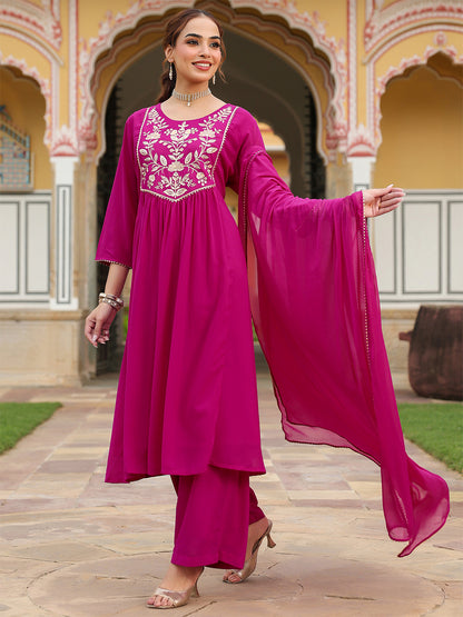 Janasya Women's Pink Georgette Embroidered A-line Kurta With Palazzo Dupatta Set