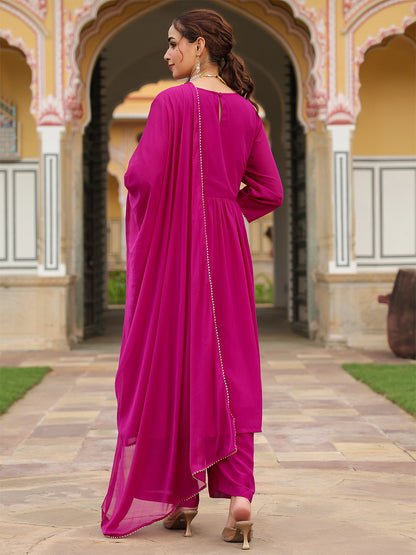 Janasya Women's Pink Georgette Embroidered A-line Kurta With Palazzo Dupatta Set