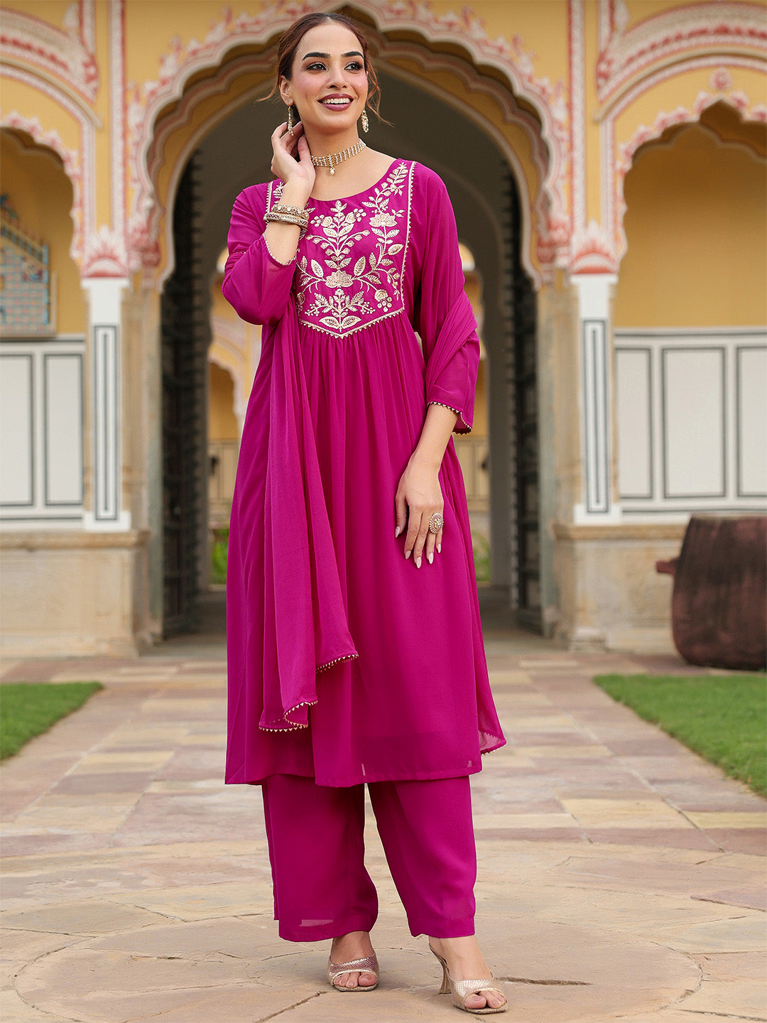 Janasya Women's Pink Georgette Embroidered A-line Kurta With Palazzo Dupatta Set