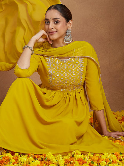 Janasya Women's Mustard Georgette Zari Yoke Embroidery A-line Kurta With Palazzo & Dupatta Set