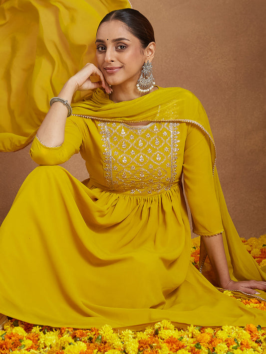 Janasya Women's Mustard Georgette Zari Yoke Embroidery A-line Kurta With Palazzo & Dupatta Set