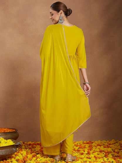 Janasya Women's Mustard Georgette Zari Yoke Embroidery A-line Kurta With Palazzo & Dupatta Set