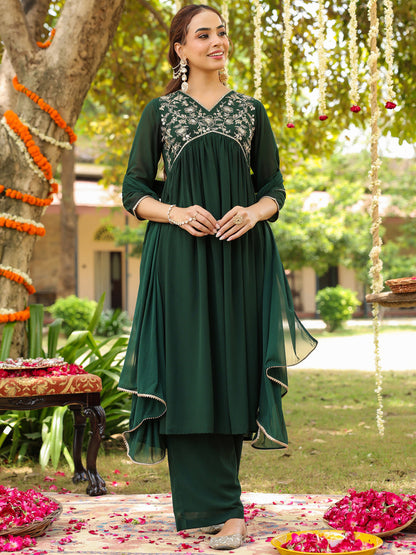Janasya Women's Bottle Green Georgette Zari Yoke Embroidered A-line Kurta Set