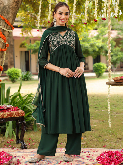 Janasya Women's Bottle Green Georgette Zari Yoke Embroidered A-line Kurta Set