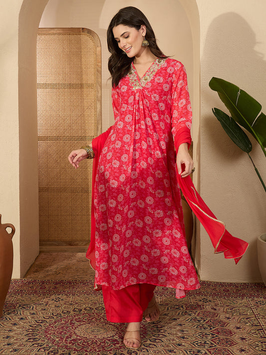 Janasya Women's Red Georgette Floral Embroidered A-Line Kurta Set
