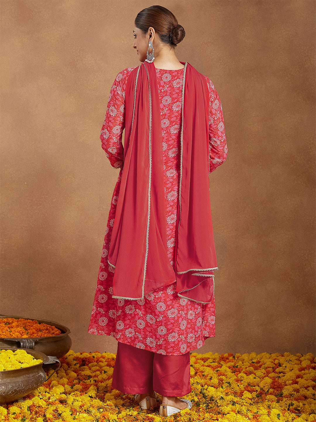 Janasya Women's Red Georgette Embellished Floral Printed A-line Kurta Set