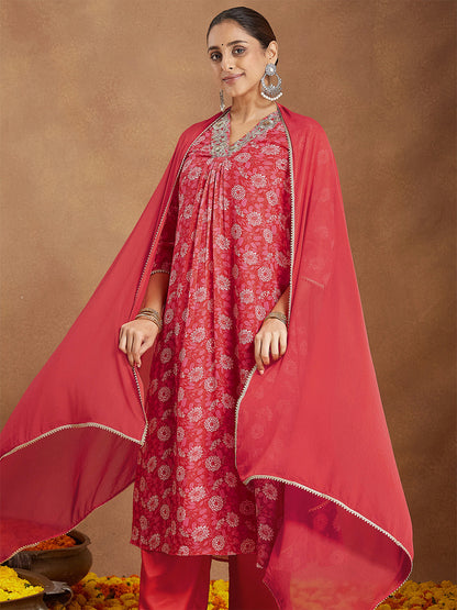 Janasya Women's Red Georgette Embellished Floral Printed A-line Kurta Set